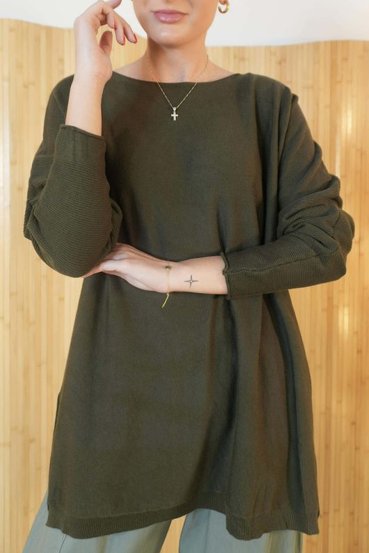 Winnie Ribby Stretch Longline Fine Knit Khaki - **